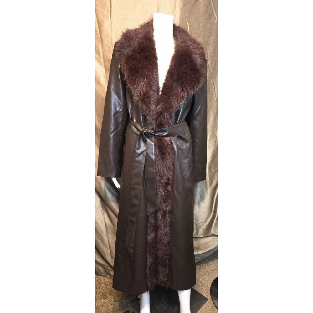NWT Angel Wings by Lucy MacGill Faux Leather Fur Collar Trench Coat – Size M/L